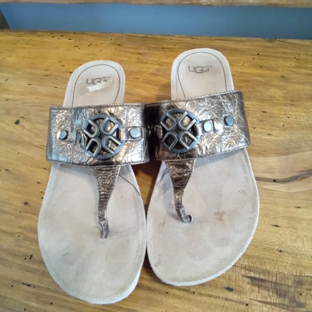 UGG Briella Women's Metallic Leather Cork 2" Wedge Heel Sandals Size 7